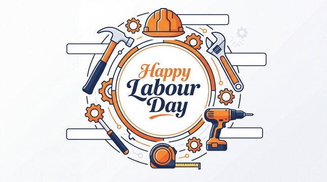 Happy Labour Day greeting vector illustration. Circular design featuring construction tools including hammer hard hat wrench screwdriver and drill