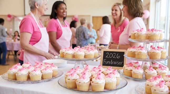 Pink themed charity fundraiser, women volunteers in aprons serving cupcakes, smiling and talking, indoor event with blurred background, for breast cancer awareness and community support