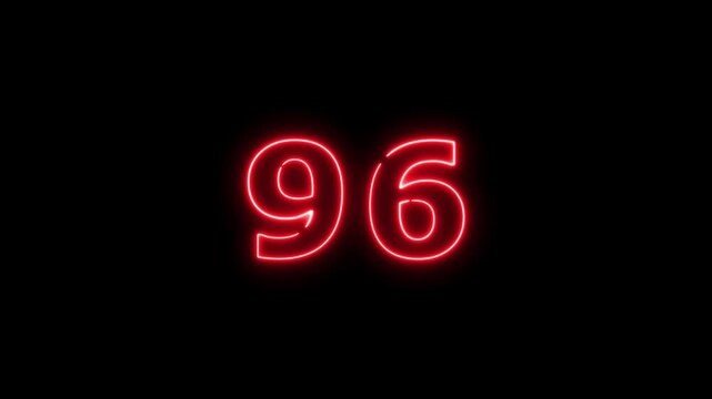 Abstract beautiful red neon business counting number  96 icon conceptual background 4k animation.