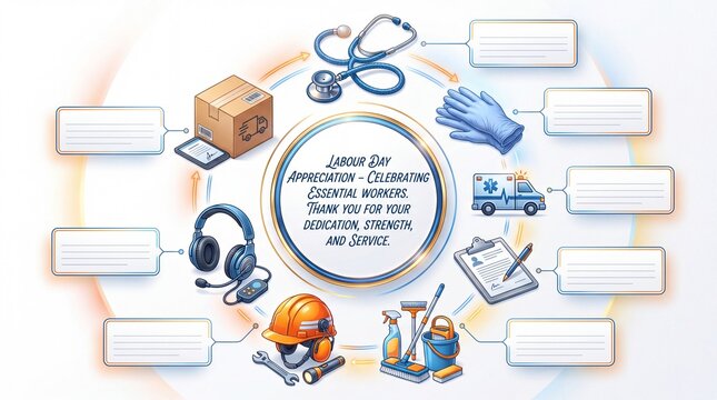 Labour Day infographic banner honoring essential workers. Circular design with icons for healthcare delivery cleaning and construction. Blank text boxes