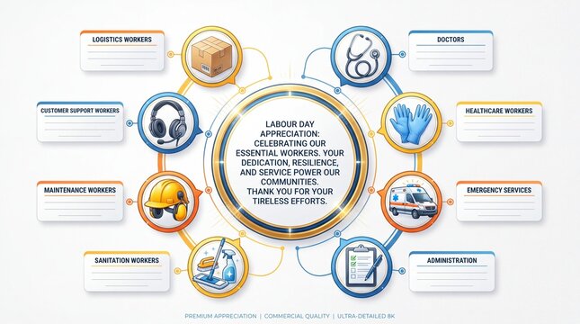 Labour Day infographic template for essential workers. Features circular diagram with icons for logistics doctors maintenance and emergency services