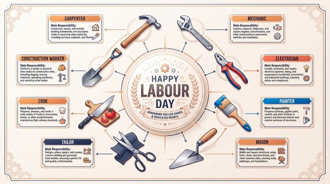 Happy Labour Day infographic template. Vector illustration of skilled trades with hammer wrench pliers paintbrush and scissors