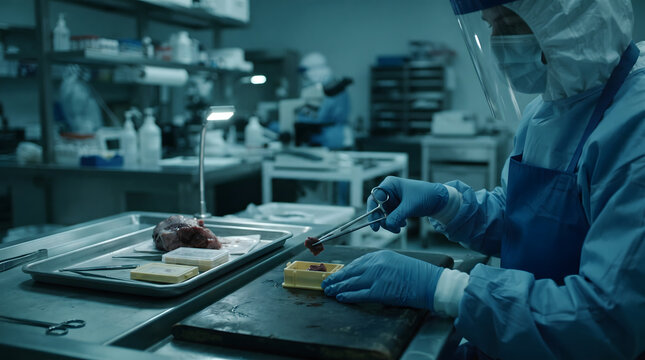 Scientist in protective gear performing medical procedure with instruments.