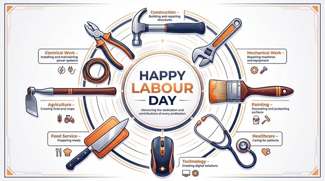 Happy Labour Day celebration infographic. Flat vector illustration of various occupational tools arranged around a central greeting circle. Features a hammer, wrench, paintbrush, stethoscope, mouse, k