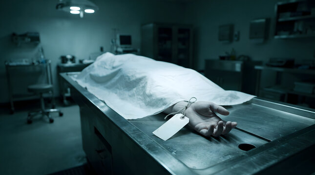 Forensic examination of a deceased individual on a metal table.