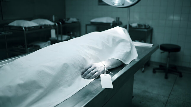 Body covered with sheet on autopsy table.