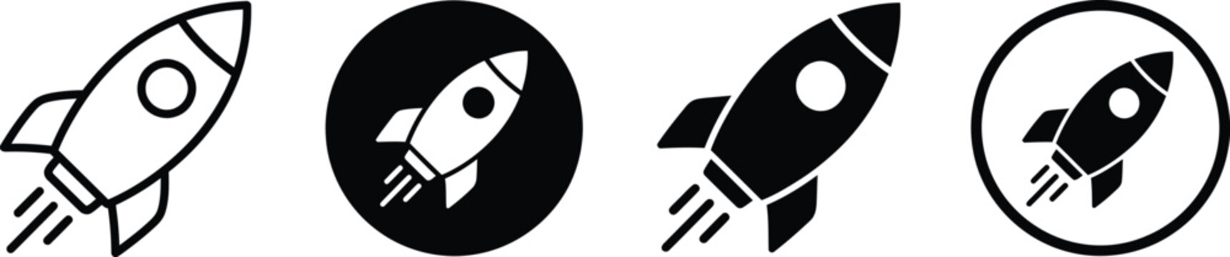Four rocket ship variations featuring space travel symbols in circular frames and simple outlines for launch or startup related projects