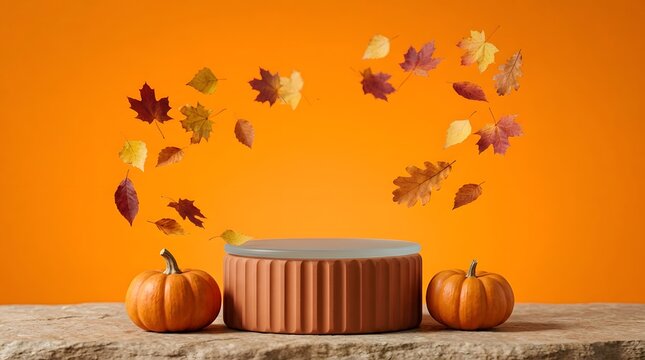 Autumn still life with pumpkins vase and falling maple leaves on a marble surface