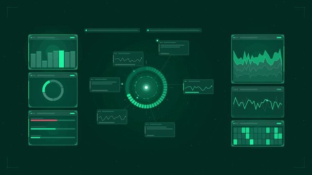 Abstract animated executive summary ring satellites drawn as cyan and teal lines and shapes on a deep dark background. Seamless looping 4K motion graphics video with free space for text, ideal for das