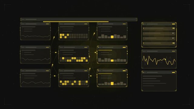 Abstract animated automation workflow nodes executing drawn as yellow and gold lines and shapes on a deep dark background. Seamless looping 4K motion graphics video with free space for text, ideal for