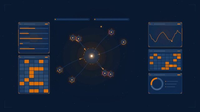 Abstract animated edge computing nodes offloading drawn as blue and cyan lines and shapes on a deep dark background. Seamless looping 4K motion graphics video with free space for text, ideal for techn