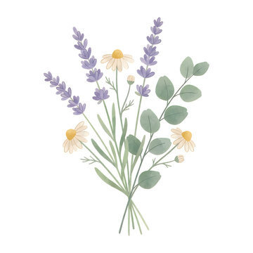 Beautiful bouquet of lavender daisy flowers and eucalyptus leaves isolated on white background