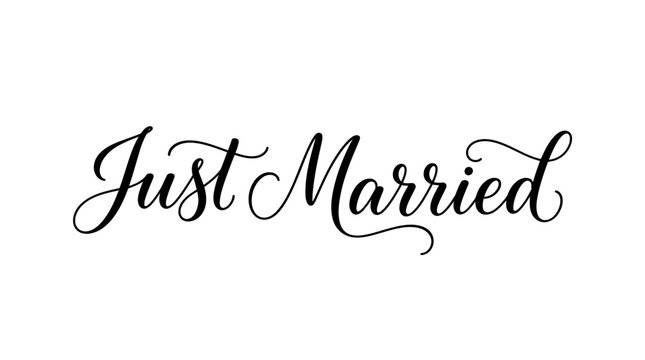 Just married text vector. Elegant black handwritten calligraphy lettering sign isolated on transparent background