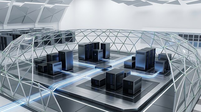 Modern data center server room with high tech computer racks and glowing blue network connectivity lines under a metal dome structure
