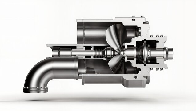 Axial-flow pump with curved inlet elbow and impeller shaft cutaway, white background