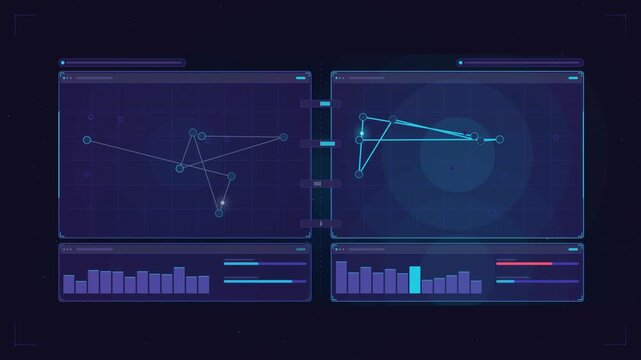 Abstract animated route optimization variants comparing drawn as blue and cyan lines and shapes on a deep dark background. Seamless looping 4K motion graphics video with free space for text, ideal for