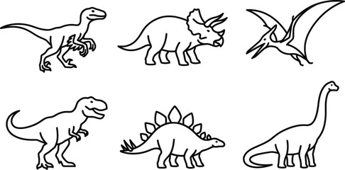 Set of six black line dinosaur silhouettes isolated on a white background, featuring various prehistoric species including a raptor, triceratops, and pterodactyl © Rotna Roy