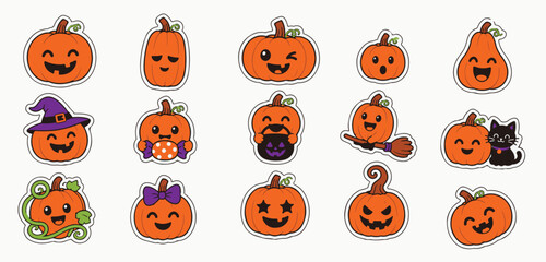 Fototapeta premium Set of Cute Halloween Pumpkin Stickers featuring Funny Jack O Lantern Characters, Black Cat, Witch Hat, and Candy Icons