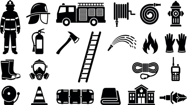 Firefighter Equipment and Emergency Rescue Silhouette Icon Set