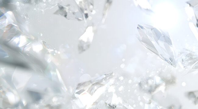A bright, abstract white with floating crystal shards and diamond dust, surrounded by soft bokeh lights and prism refraction effects, this creates an elegant and ethereal atmosphere