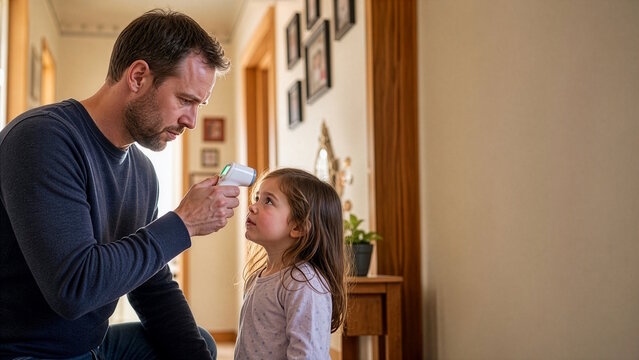 Father checking his daughter's temperature with an infrared thermometer at home during cold and flu season, family care and health monitoring concept