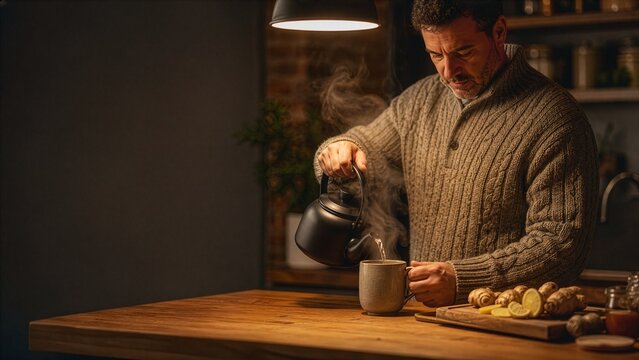 Man preparing warm ginger lemon tea at home during cold and flu season, natural immune support and comfort concept
