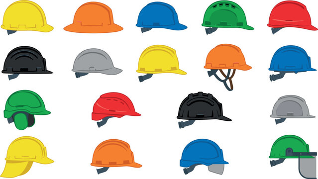 Multi-Color Construction Hardhats and Safety Helmets Vector Set