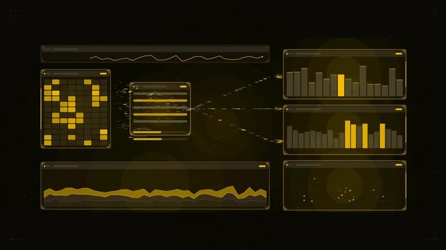 Abstract animated data stream particles sorting drawn as yellow and gold lines and shapes on a deep dark background. Seamless looping 4K motion graphics video with free space for text, ideal for techn