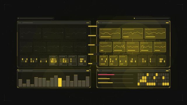 Abstract animated digital transformation blocks replacing drawn as yellow and gold lines and shapes on a deep dark background. Seamless looping 4K motion graphics video with free space for text, ideal