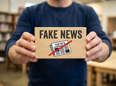 Man holding a sign with fake news text
