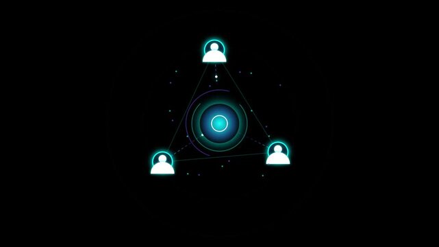 Digital network connection concept with three glowing human icons connected by lines on a dark background