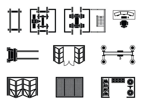 Warehouse interior and workshop layout icons for industrial facility planning