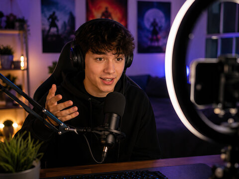 A young male content creator, in a black hoodie, intensely focuses on a computer monitor in a warmly lit home office.