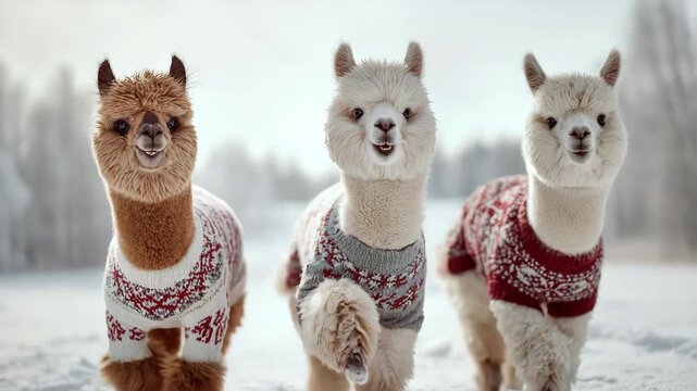 Three alpacas dancing in snowy highland wearing festive sweaters partially visible soft winter daylight detailed fur texture