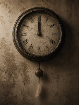 Realistic photograph of an antique clock hanging on a wall. The clock has a round face with Roman numerals, indicating the hours from I to XII.
