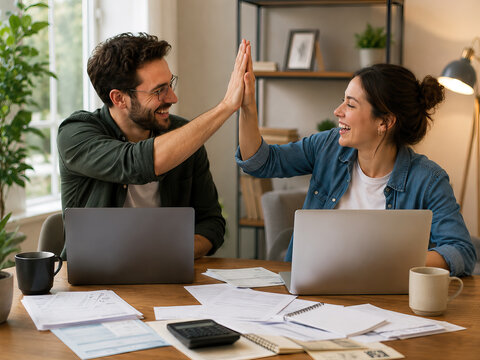 Married couple share a joyful moment of collaboration at a modern desk.