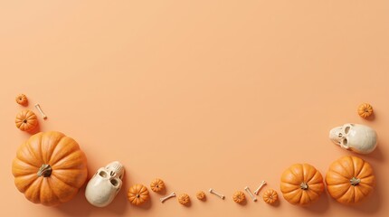 Fototapeta premium Halloween background with pumpkins, human skulls and bones, top view