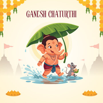 Ganesh Chaturthi Gold Green and Cream Illustrated Greeting Poster