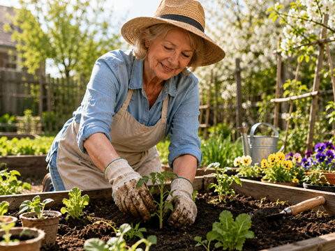 An elderly woman in a light blue denim shirt and white gloves diligently plants seedlings in a rich, dark brown soil garden bed.