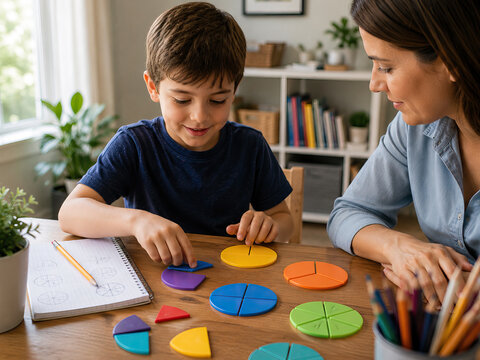Photograph capturing an educational activity between a child and an adult, likely a parent or teacher.