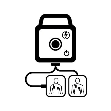 Automated external defibrillator icon with power and shock buttons and a pair of chest pads for first aid training