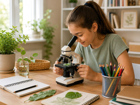 A young girl intently studies a vibrant green leaf beneath a microscope. Photograph that captures a moment of scientific exploration.