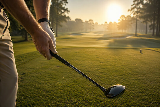 A golfer's hands grip a weathered, dark brown wooden golf club against a backdrop of blurred green grass and distant trees.