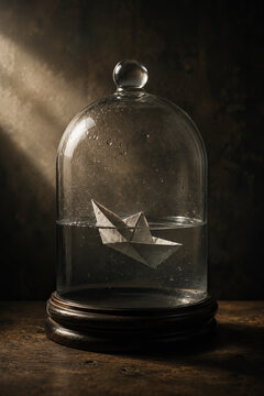 A delicate, transparent glass dome showcases a miniature paper boat adrift in shimmering, reflective water.