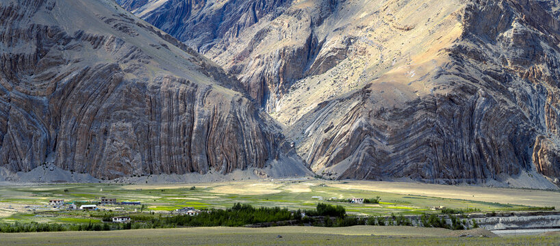 Zangla Zanskar Valley Landscape with Dramatic Folded Mountains and Himalayan Village, Ladakh
