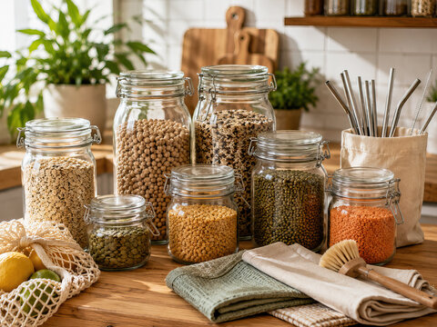 A rustic kitchen countertop displays transparent glass jars filled with diverse groats
