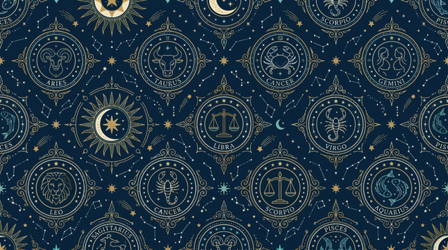 Premium flat vector astrology seamless pattern, zodiac symbols, celestial suns, crescent moons, stars and ornamental geometric details, sophisticated luxury aesthetic, elegant repeating composition, s