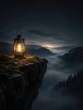 A weathered, antique brass lantern with a vibrant, orange flame sits dramatically on a windswept cliff edge.