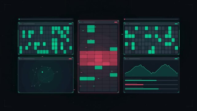 Abstract animated firewall protection wall filtering drawn as cyan and teal lines and shapes on a deep dark background. Seamless looping 4K motion graphics video with free space for text, ideal for te