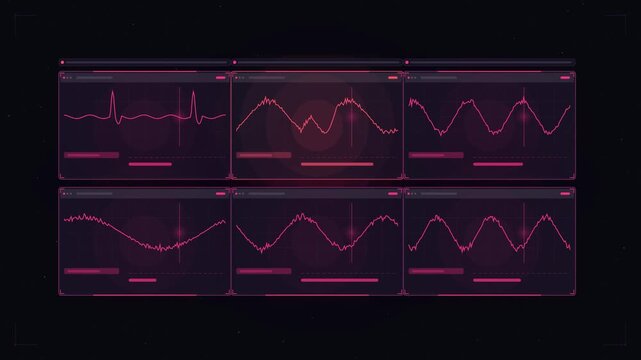 Abstract animated vital signs traces beating drawn as cool blue-white lines and shapes on a deep dark background. Seamless looping 4K motion graphics video with free space for text, ideal for medical 